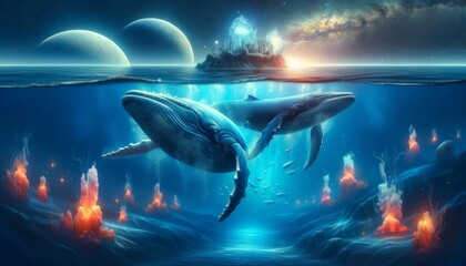 Surreal Underwater Scene with Majestic Whales and Glowing Planets