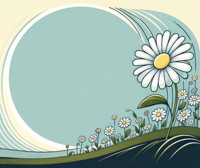 Stylized Floral Landscape with Large Central Daisy and Smaller Surrounding Flowers