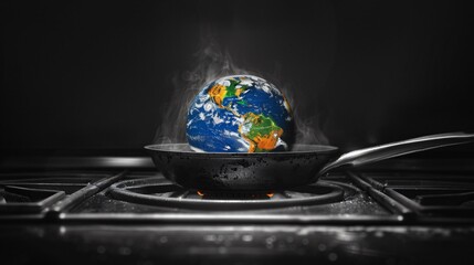 The Earth boiling in a pan on a stove captured in a surrealistic style to underscore the absurdity yet critical nature of global warming