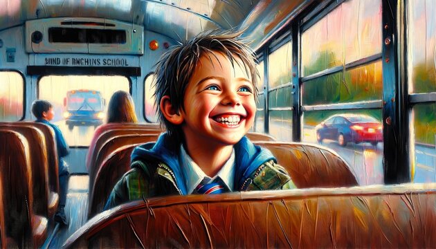 Smiling Boy on School Bus Enjoying the Ride
