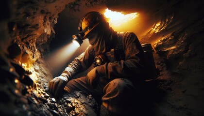 Miner with Headlamp in Dark Cave on Exploration Mission