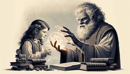 Elderly Wizard Teaching Magic to Young Girl Amidst Ancient Tomes