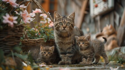 Felidae kittens with whiskers standing together on sidewalk