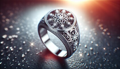 Ornate Snowflake Design Ring with Crystals on a Sparkling Background