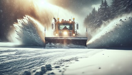 Snowplow Truck in Action During a Heavy Winter Blizzard - obrazy, fototapety, plakaty