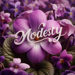 Elegant Purple Flowers with 'Modesty' Script on White Background