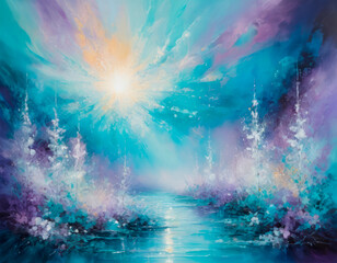 Fototapeta premium Radiant sunlight illuminates a surreal dreamscape with vibrant turquoise, purple hues, and shimmering reflections over a tranquil water surface.