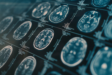 A detailed close-up of MRI brain scans being displayed on a computer screen, showcasing medical imaging technology. - obrazy, fototapety, plakaty