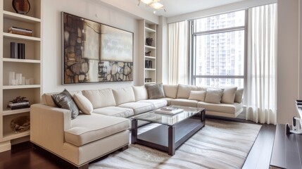 Fototapeta na wymiar Modern Minimalist Living Room Interior with Cream Sofa