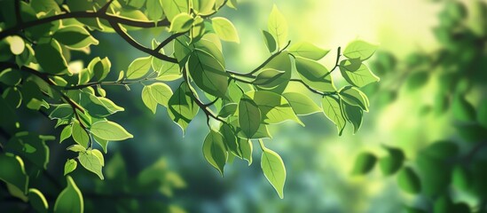 Sunlight illuminates a tree branch adorned with fresh green leaves in a close-up view