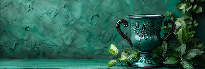 Trophy cup on green background with copy space,
A green wall with vases of flowers and plants.
 - obrazy, fototapety, plakaty