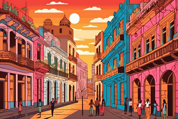 Havana urban landscape. Pattern with houses. Illustration - obrazy, fototapety, plakaty