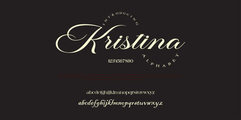 Kristina premium luxury elegant alphabet letters and numbers. Vintage wedding typography classic serif font decorative vintage retro. Creative vector illustration