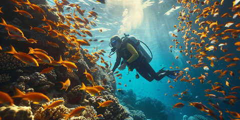 Scuba Diver over Reef  - obrazy, fototapety, plakaty