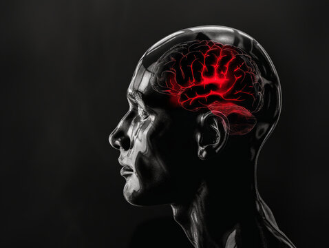 The image shows a mans head with a highlighted red brain, emphasizing the brains central role in cognitive processes.