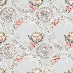 Seamless pattern with tea servise. For textile fabric design, wrapping paper, website wallpapers, textile, wallpaper and kitchen decor.