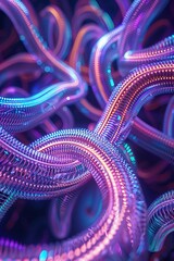 Neon light abstract, 3D render of tangled glowing tubes forming complex patterns, digital art, 2D surreal fantasy