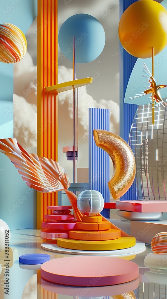 Aufkleber fantastical 3d objects in a futuristic environment 3d style isolated flying objects memphis style 3d