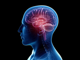 A detailed x-ray showing a human head with the brain prominently highlighted in red.