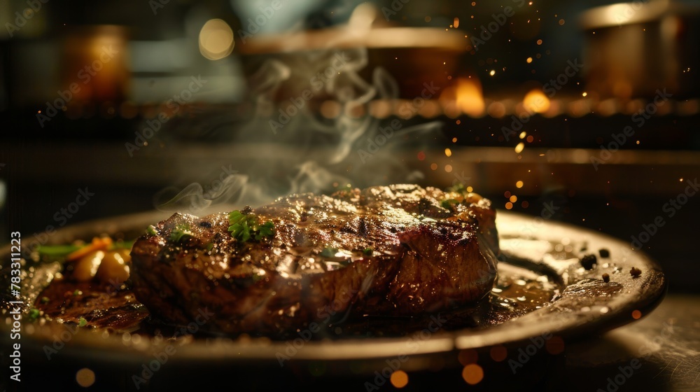 Poster highlight the richness of a flying steak with a dramatic play of light and shadow ai generated illus