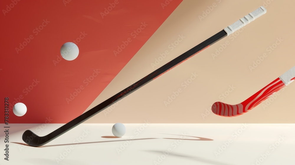 Poster hockey sticks and puck soaring through the air 3d style isolated flying objects memphis style 3d ren