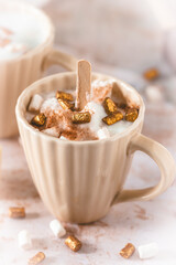 Cup of hot chocolate dipping sticks and marshmallows