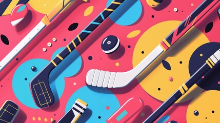 Hockey sticks and pucks in a funky design AI generated illustration - obrazy, fototapety, plakaty