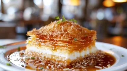 Fotobehang Close-up of traditional egyptian kunafa with sweet syrup and nuts © Michael