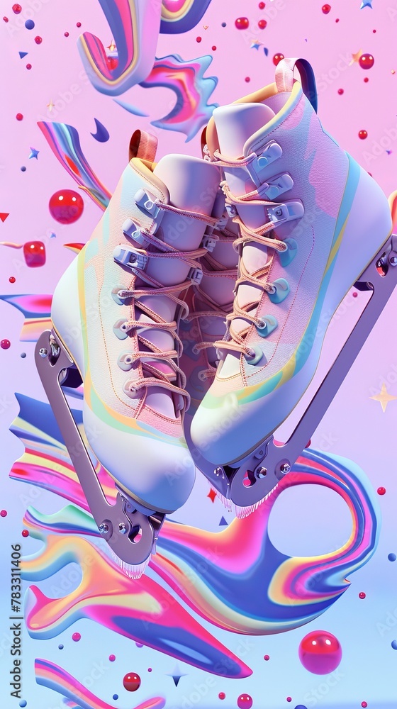 Poster Ice skating blades and skates in a funky color palette 3D style isolated flying objects memphis style 3D render AI generated illustration