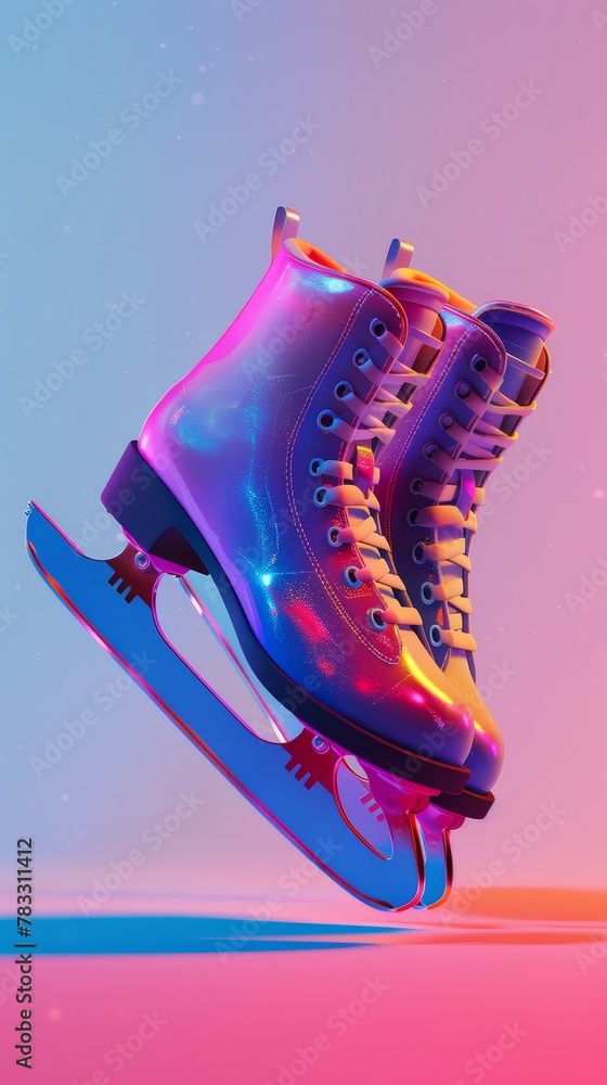 Poster ice skating blades and skates in a funky color palette 3d style isolated flying objects memphis styl