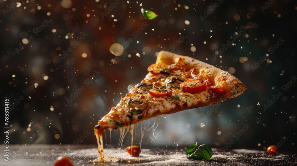 Poster illuminate a floating slice of pizza with soft cinematic lighting for a mouthwatering shot ai genera