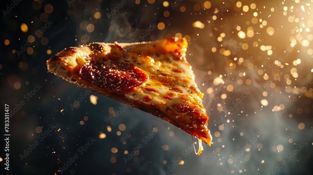 Poster illuminate a floating slice of pizza with soft cinematic lighting for a mouthwatering shot ai genera