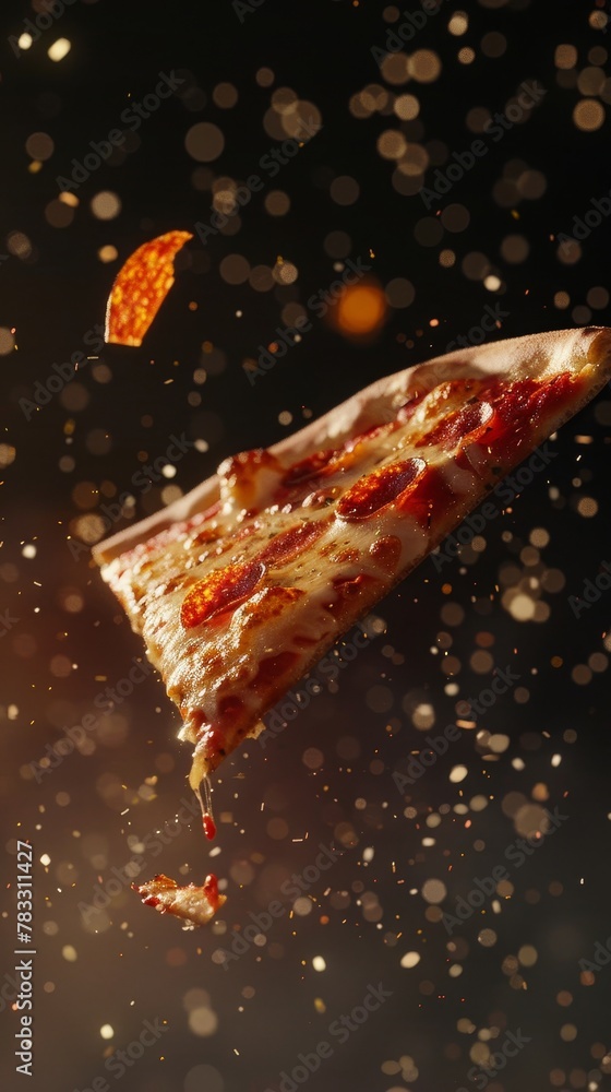 Poster illuminate a floating slice of pizza with soft cinematic lighting for a mouthwatering shot ai genera