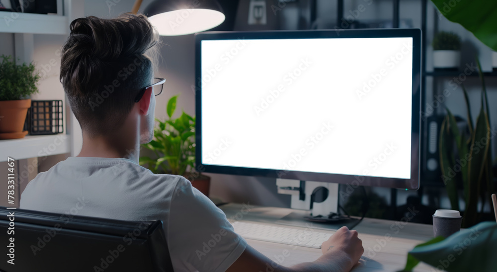 Aufkleber a man is seated at a desk, focusing on the computer monitor in front of him while working.