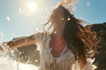 Waves echo her joy as she shares the rhythm of the beach through her sunlit screen - obrazy, fototapety, plakaty