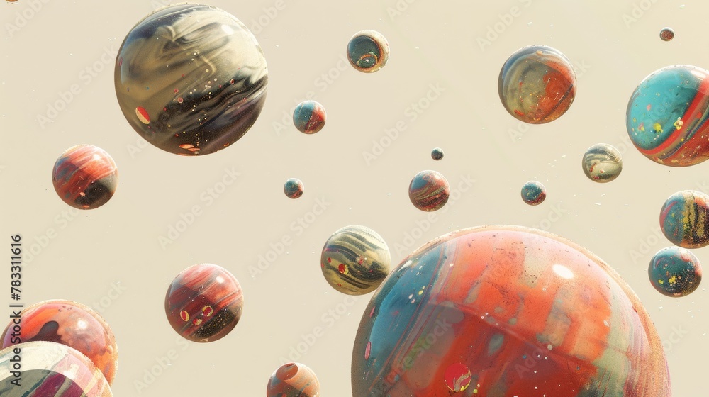 Poster Isolated floating planets with unique textures 3D style isolated flying objects memphis style 3D render AI generated illustration