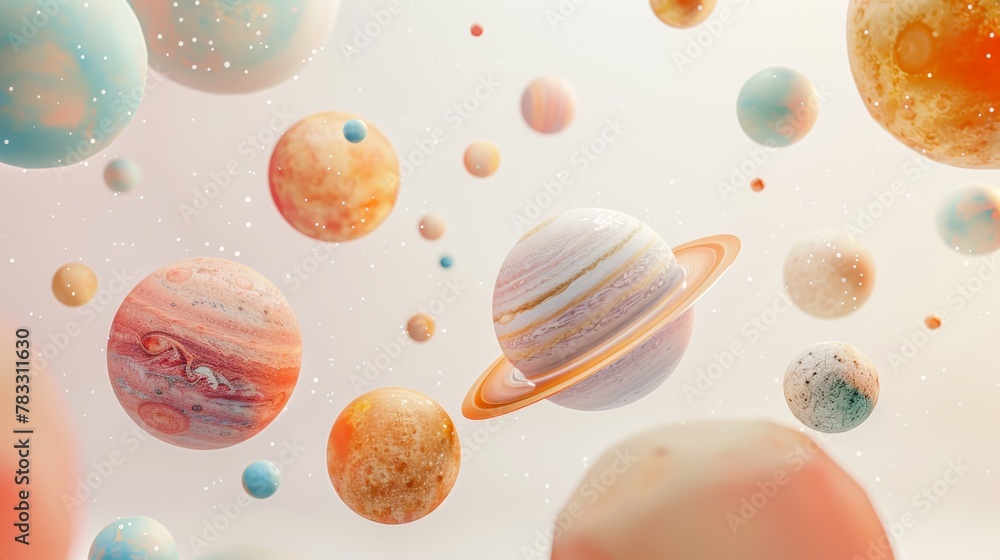 Poster isolated floating planets with unique textures 3d style isolated flying objects memphis style 3d ren