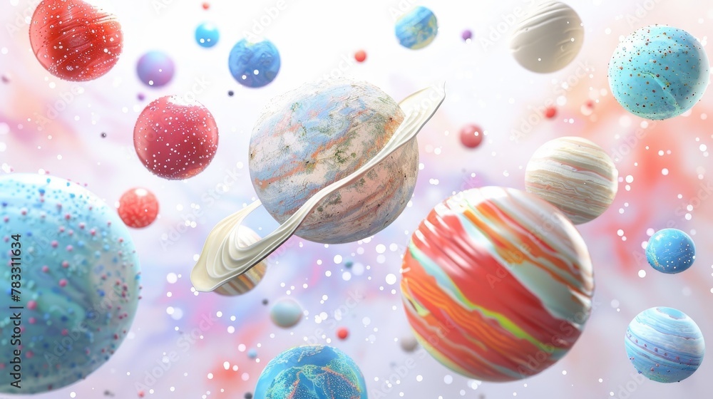 Poster Isolated floating planets with unique textures 3D style isolated flying objects memphis style 3D render AI generated illustration