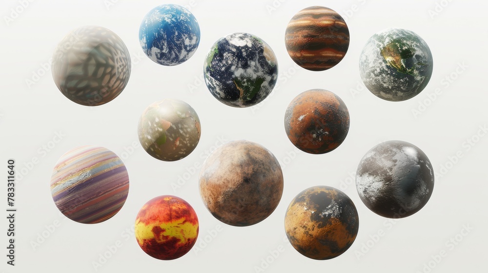 Poster isolated floating planets with unique textures 3d style isolated flying objects memphis style 3d ren