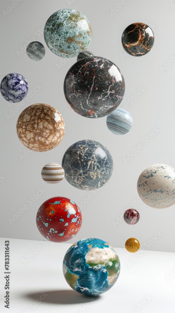 Poster Isolated floating planets with unique textures 3D style isolated flying objects memphis style 3D render AI generated illustration
