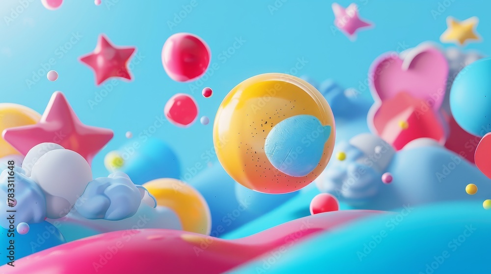 Aufkleber Isolated floating shapes in a psychedelic dreamscape 3D style isolated flying objects memphis style 3D render  AI generated illustration