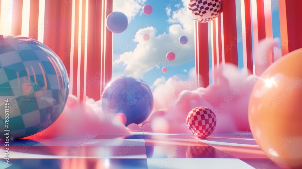 Fototapete isolated floating shapes in a psychedelic dreamscape 3d style isolated flying objects memphis style 