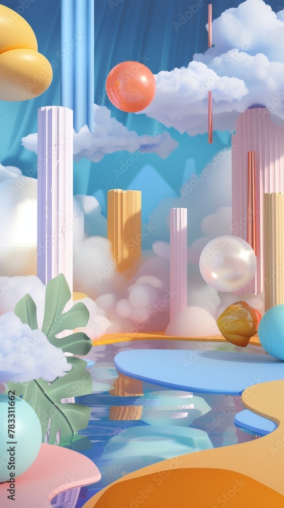 Poster Isolated floating shapes in a psychedelic dreamscape 3D style isolated flying objects memphis style 3D render AI generated illustration