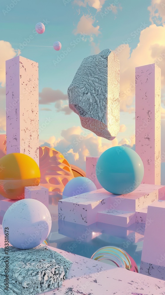 Poster isolated floating shapes in a psychedelic dreamscape 3d style isolated flying objects memphis style 
