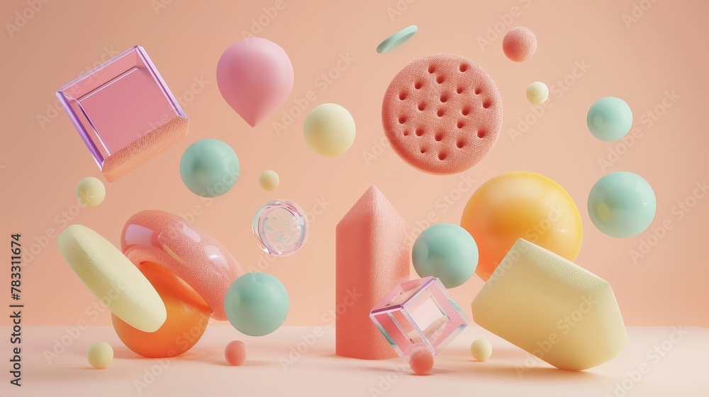 Poster Isolated floating shapes with unique textures 3D style isolated flying objects memphis style 3D render AI generated illustration