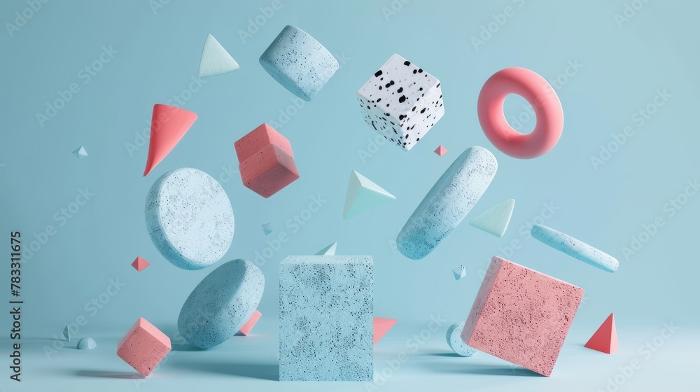 Poster Isolated floating shapes with unique textures 3D style isolated flying objects memphis style 3D render  AI generated illustration