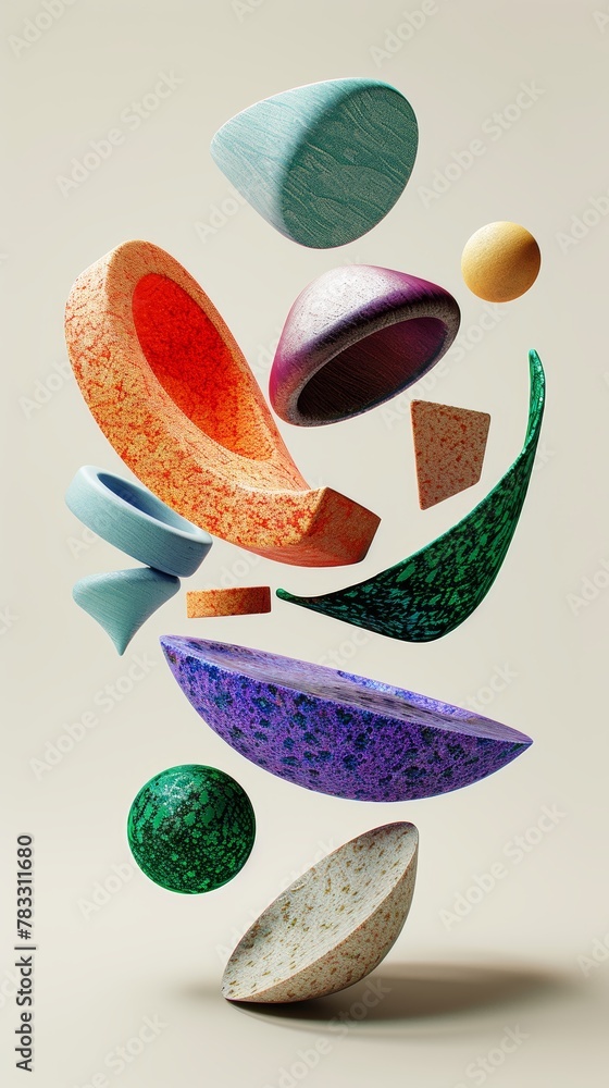 Poster isolated floating shapes with unique textures 3d style isolated flying objects memphis style 3d rend