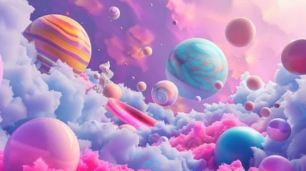 Foto op Plexiglas Isolated floating objects in a psychedelic dreamscape 3D style isolated flying objects memphis style 3D render AI generated illustration © ArtStage