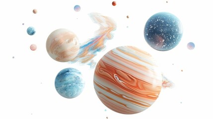 Isolated floating planets with unique textures 3D style isolated flying objects memphis style 3D render AI generated illustration