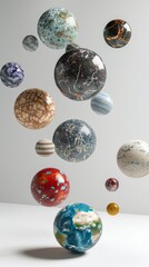 Isolated floating planets with unique textures 3D style isolated flying objects memphis style 3D render AI generated illustration